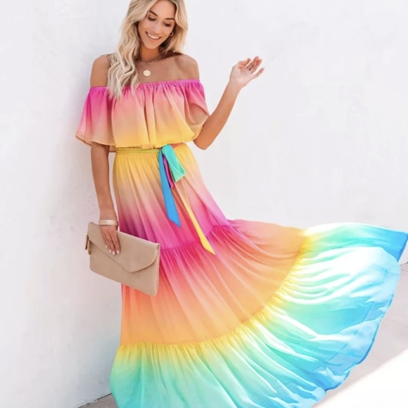 NWT Rainbow Ombre Boho Maxi Summer Dress S: Sm-Med - Picture 1 of 13